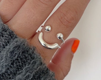 100% 925 Sterling Silver Smile Ring | Large Art Deco Chunky Cry Tears Face Pattern | Women Female Design | Adjustable | Tarnish Free