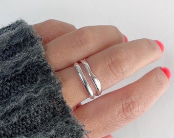 100% 925 Sterling Silver Ring | Unique Wave Abstract Irregular | Statement | Minimalist Simplistic | Adjustable  | Hammered | Hypoallergenic