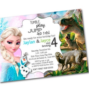 May include: A birthday invitation featuring a cartoon image of Elsa from Frozen and Olaf the snowman on a pink and blue background. The invitation is for a dinosaur themed party for Jaylan and Jayce who are turning 4. The text on the invitation reads "Tumble, play, jump and run! Get ready for some birthday fun! Jaylan & Jayce are turning 4. Saturday, December 6th 1:00-3:30 pm Kidz Time Jump Play Slide 214 South McCleskey St., Suite 869 RSVP by text or call with number of kids & adults to 266-717-8128 by Nov. 23rd. Don't forget your socks!"