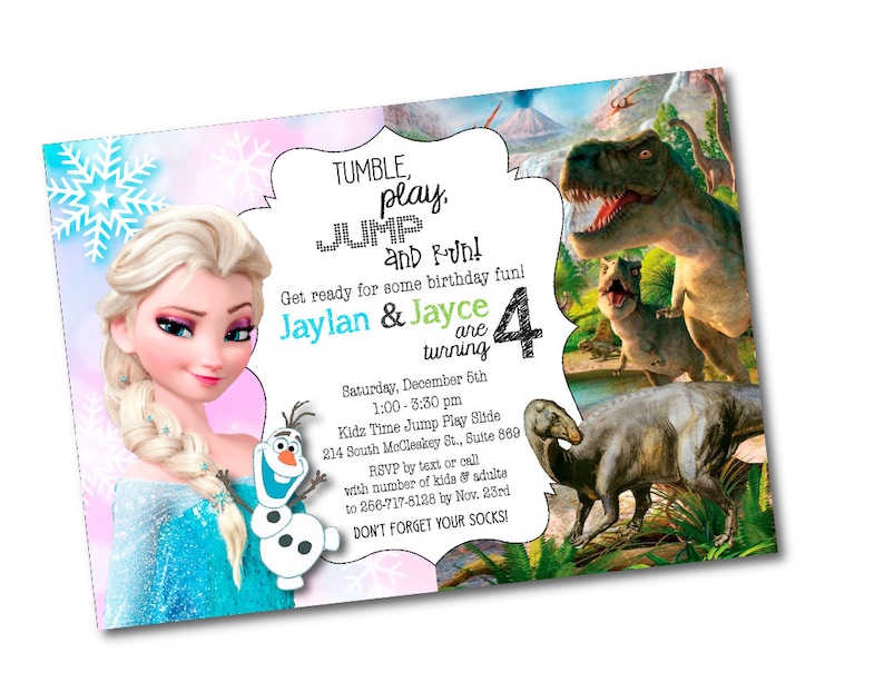 Frozen and Dinosaur Birthday Party Invitation split Birthday Party