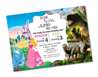 Princess and Dinosaur Birthday Party Invitation -Split Birthday Party -Princess -PRINTABLE -Dinosaurs -CUSTOM -Dinosaurs and Princesses