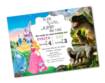 Princess and Dinosaur Birthday Party Invitation -Split Birthday Party -Princess -PRINTABLE -Dinosaurs -CUSTOM -Dinosaurs and Princesses