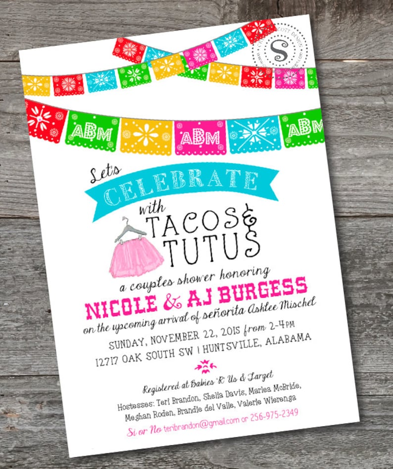 May include: A colorful invitation for a couples shower with the text "Let's Celebrate with Tacos & Tutus" and the names "Nicole & AJ Burgess". The invitation is decorated with a pink tutu, colorful paper flags, and the text "ABM".
