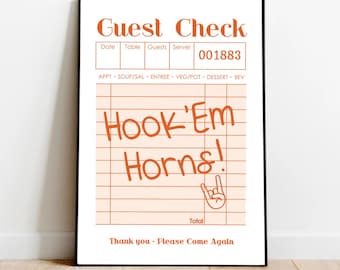 Guest Check Hook 'Em Horns, Texas University Digital Print, Hook Em, Dorm Print, Longhorns, Guest Check Poster, Guest Check Dorm Art, Art