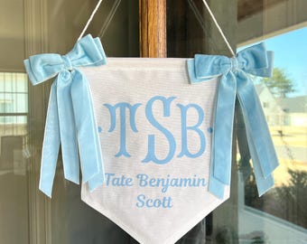 Personalized Baby Monogram Banner – Welcome Sign with Bows, Hospital Door & Baby Shower Decor, Bassinet Sign, Monogram Name Pennant