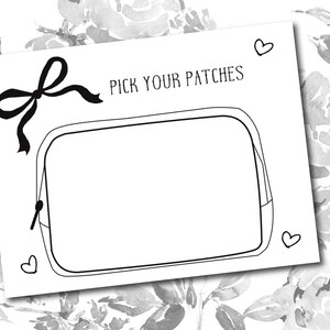 Könnte beinhalten: Eine schwarz-weiße druckbare Seite mit einem leeren Platz zum Anbringen von Patches. Die Seite enthält den Text "Pick Your Patches" und eine Schleife oben.
