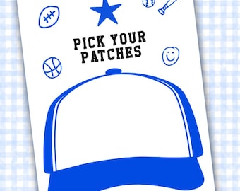 Trucker hat design template for trucker hat bar blue design patch layout printable Trucker hat party printable Pick your patches template