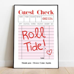 16x20 Guest Check Roll Tide, University of Alabama Digital Print, Roll Tide, Dorm Print, Tuscaloosa, Guest Check Poster, Wall Art, bama