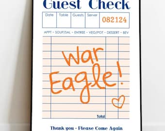 Guest Check War Eagle, Auburn Digital Print, War Eagle, Dorm Print, Auburn, Guest Check Poster, Guest Check Dorm Art, Art, wall art