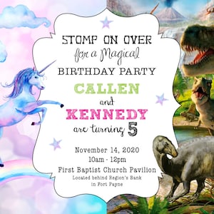 Unicorn and Dinosaur Birthday Party Invitation -Split Birthday Party -Unicron -PRINTABLE -Dinosaurs -CUSTOM -Dinosaurs and Unicorn