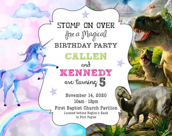 Unicorn and Dinosaur Birthday Party Invitation -Split Birthday Party -Unicron -PRINTABLE -Dinosaurs -CUSTOM -Dinosaurs and Unicorn