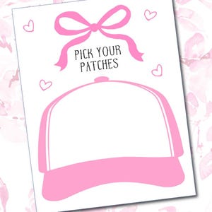 Pode incluir: Um boné de beisebol rosa com um espaço em branco para patches. O texto "PICK YOUR PATCHES" está escrito acima do boné. Um laço rosa está na parte superior da imagem.