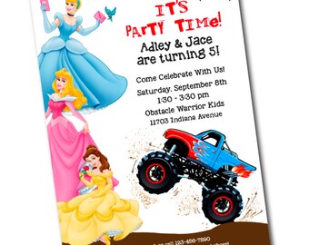 Princess and Monster Truck Birthday Party Invitation -Split Birthday Party -Princess  -Monster Truck -CUSTOM -Monster Truck  and Princesses