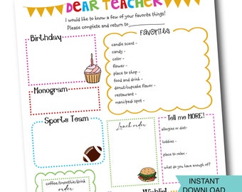 Get To Know Your Teacher Printable, Teacher Questionnaire Form, Tell Me About Teacher, Teacher's Favorite Things List - Digital File