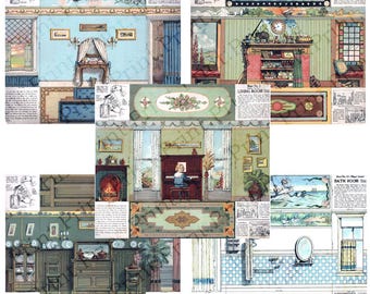 Casa de muñecas en miniatura imprimible, habitaciones, paredes y pisos, descarga digital