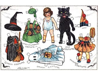 Imagen de arte de muñeca de papel vintage para imprimir y descargar digitalmente para Halloween