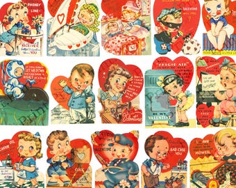 Könnte beinhalten: Eine Sammlung von fünfzehn herzförmigen Vintage-Valentinskarten mit farbenfrohen Illustrationen von Kindern in verschiedenen Szenen, darunter ein Seemann, eine Krankenschwester, ein Einbrecher, ein Sänger, eine Näherin und ein Gärtner, mit Text.