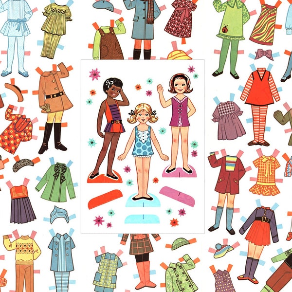 Printable Paper Doll Friends Children Kids Digital Download Image
