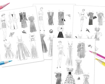 Paper Doll Printable Grayscale Coloring Digital Download