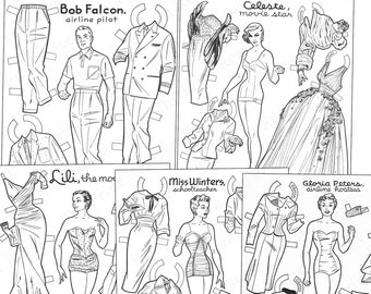 Coloring Page Paper Doll 1950s Career Fashion Digital Download