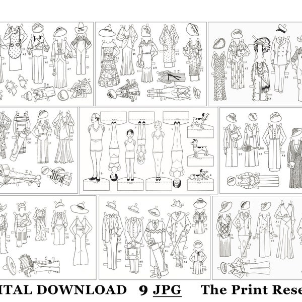 Vintage Paper Dolls Digital Download To Color & Cut Out Activity Toy Coloring Pages