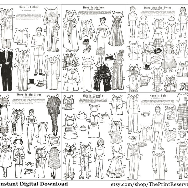 Paper Doll Family Coloring Pages Printable Instant Digital Download