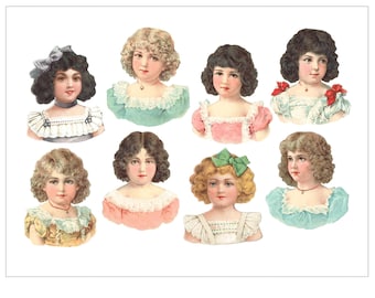 Têtes de poupées victoriennes en papier imprimables (téléchargement numérique)