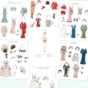 May include: A vintage paper doll set with different outfits for various occasions, including evening wear, costumes, sports wear, summer, winter, and wedding bells. The paper doll is named Betty.