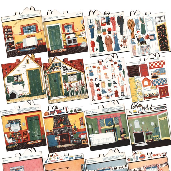 Domek dla lalek z papieru do druku, 16 stron, zabawka rodzinna dla dzieci z lat 20. XX wieku, cyfrowa wersja do pobrania w formacie PDF #514