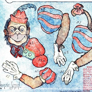 May include: Vintage paper toy titled "The Monkey on a Stick," featuring a cartoon monkey with a red hat and striped blue and red body parts. The image includes instructions and diagrams for assembly, with a light blue background.
