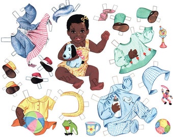 May include: A paper doll set featuring a Black baby doll with a yellow dress and a blue puppy. The set includes various clothing items, accessories, and toys, such as a blue hat, a green shirt, a blue and white striped shirt, a yellow shirt, a blue and white striped pants, a blue and white checkered hat, a pair of shoes, a ball, a frog, a cup, a rattle, and a clown doll.