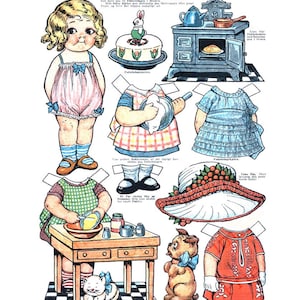 May include: Vintage paper doll set with a girl in a pink romper, a cake with a bunny, a stove, and various outfits. The set includes a hat, a dog, and a table with a cat.