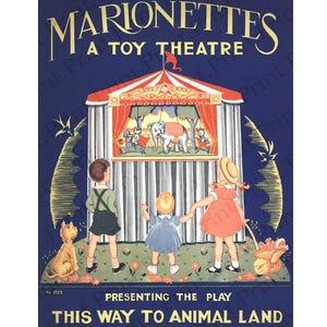 Könnte beinhalten: Vintage-Poster "Marionetten, ein Spielzeugtheater" mit blauem Hintergrund. Das Poster zeigt eine Puppenshow mit einem Elefanten und anderen Figuren. Drei Kinder und ein Hund schauen sich die Show an. Der Text "This Way to Animal Land" ist ebenfalls vorhanden.