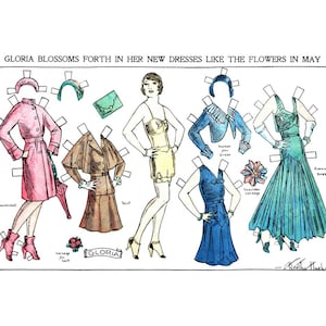 May include: Watercolor illustration of a vintage paper doll named Gloria, with various outfits including a raincoat, suit, and evening dress. Text reads "Gloria blossoms forth in her new dresses like the flowers in May."