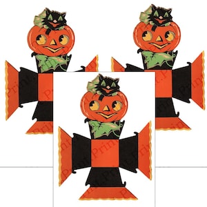 May include: Three vintage Halloween decorations featuring orange jack-o'-lanterns with black cat toppers. The jack-o'-lanterns have green leaves and are set atop black and orange checkered bases. The decorations have a retro, whimsical style.