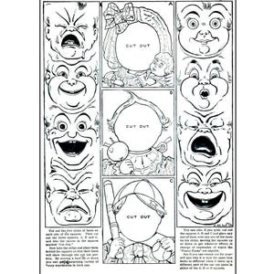 May include: Black and white illustration of a sheet with various cartoon faces and cut-out sections. The sheet includes instructions for creating funny faces by combining different facial expressions. The text includes the words "Cut Out".