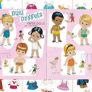 May include: A vintage set of paper dolls and clothing for children. The dolls are dressed in various outfits, including a swimsuit, a dress, and a skirt. The clothing includes a variety of styles, such as a sweater, a jacket, and a shirt. The paper dolls are labeled with names, including Pam, Buddy, and Joy. The set is titled "mini moppets paper dolls and costumes".