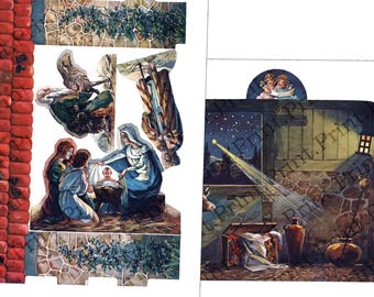 May include: A vintage Christmas-themed paper cutout set featuring religious figures and scenes. The set includes depictions of the Nativity, angels, and a stable scene with a star shining down. The color palette includes blues, greens, and browns.
