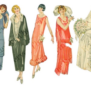 May include: Five women in vintage dresses from the 1920s. The women are wearing a variety of styles, including a blue dress with lace trim, a green dress with a fur collar, a pink dress with a ruffled hem, a red dress with a draped neckline, and a white wedding dress with a veil.