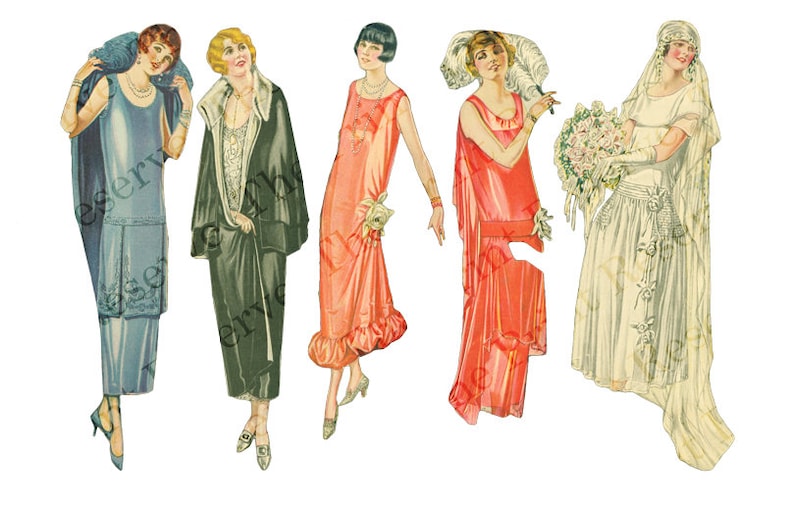 May include: Five women in vintage dresses from the 1920s. The women are wearing a variety of styles, including a blue dress with lace trim, a green dress with a fur collar, a pink dress with a ruffled hem, a red dress with a draped neckline, and a white wedding dress with a veil.