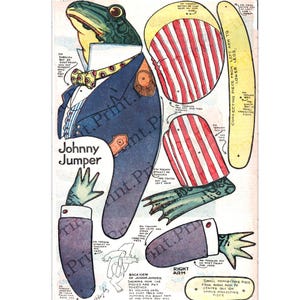 May include: A vintage paper doll of a frog wearing a suit and bow tie. The doll is labeled "Johnny Jumper" and has instructions for assembling the doll.