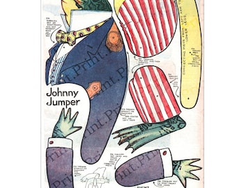 May include: A vintage paper doll of a frog wearing a suit and bow tie. The doll is labeled "Johnny Jumper" and has instructions for assembling the doll.