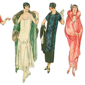 May include: Five women in vintage dresses from the 1920s. The dresses are in various colors, including red, white, green, blue, and yellow. The women are all wearing hats and have their hair styled in a fashionable way.