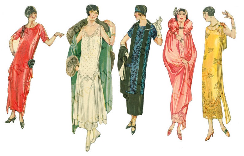 May include: Five women in vintage dresses from the 1920s. The dresses are in various colors, including red, white, green, blue, and yellow. The women are all wearing hats and have their hair styled in a fashionable way.
