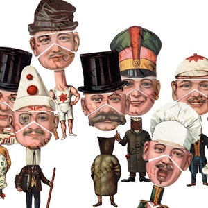 Puede incluir: Una colección de cabezas de muñecas de papel vintage con varios sombreros y expresiones faciales. Las cabezas están recortadas y listas para ser usadas para un juego de muñecas de papel.