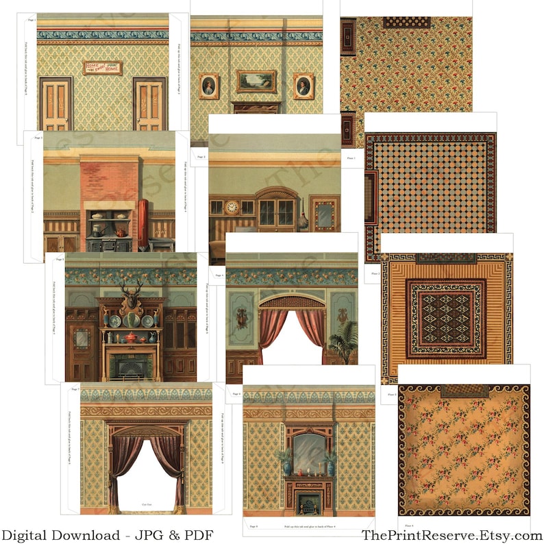 Victorian Dollhouse Paper Printable House Rooms Digital Download #506 ...