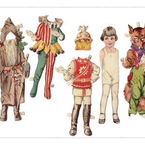 Puede incluir: Un conjunto de mu&ntilde;ecas de papel vintage con una variedad de personajes, incluyendo un buf&oacute;n, un soldado, una ni&ntilde;a, un zorro y un Pap&aacute; Noel. Las mu&ntilde;ecas est&aacute;n impresas en papel grueso y tienen trajes coloridos.