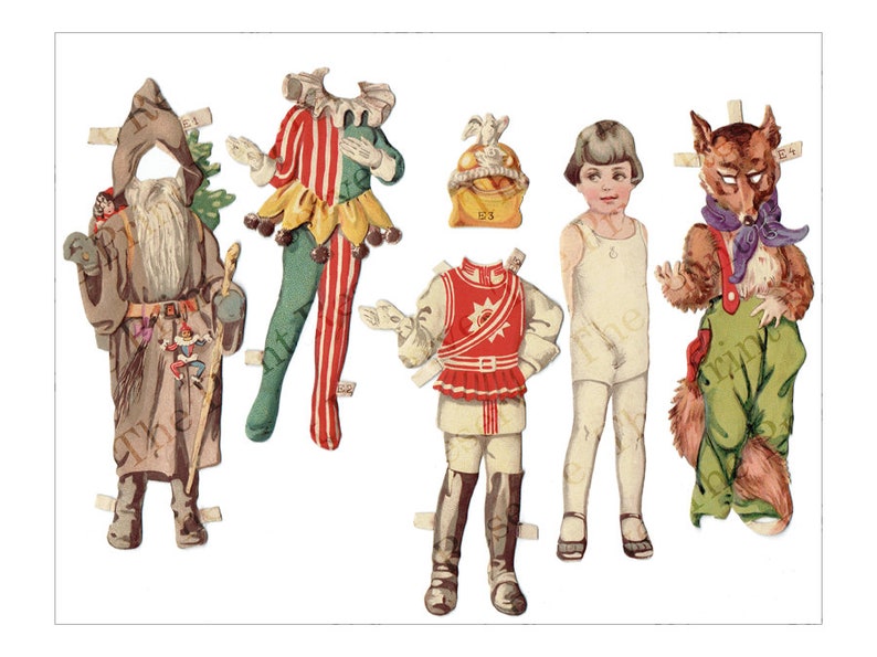 Puede incluir: Un conjunto de mu&ntilde;ecas de papel vintage con una variedad de personajes, incluyendo un buf&oacute;n, un soldado, una ni&ntilde;a, un zorro y un Pap&aacute; Noel. Las mu&ntilde;ecas est&aacute;n impresas en papel grueso y tienen trajes coloridos.