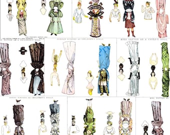 Muñeca de papel antigua victoriana, descarga digital, impresión artística imprimible en PDF