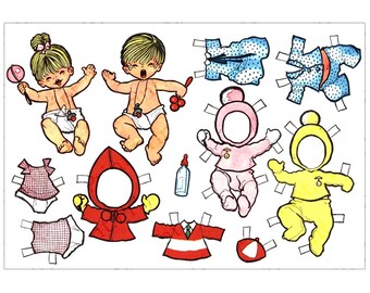 May include: A set of paper dolls with different outfits. The dolls are all babies and have blank faces. The outfits include a red hooded jacket, a pink dress, a yellow jumpsuit, and a blue and white striped shirt.